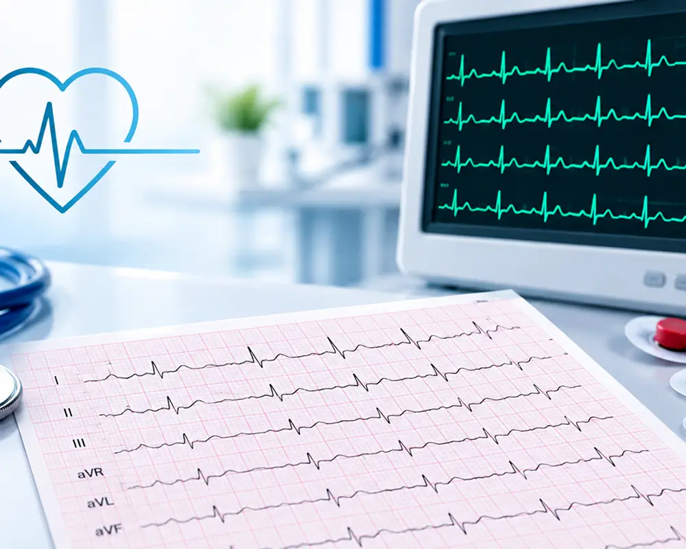 Cardiology Services 3 <p class="service-card__text">An EKG records your heart's electrical activity through small pads placed on your skin. It shows your heart rhythm and usually takes about five minutes.</p>